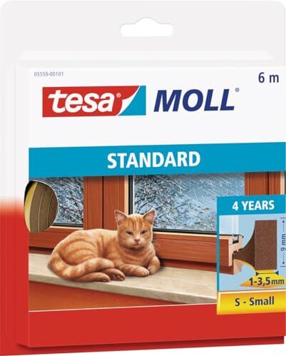 Tesa moll Standard I-Profil, Guarnizione Adesiva in Schiuma per l'Isolamento Termico di Finestre e Porte, Marrone, 6 m x 9 mm x 4 mm