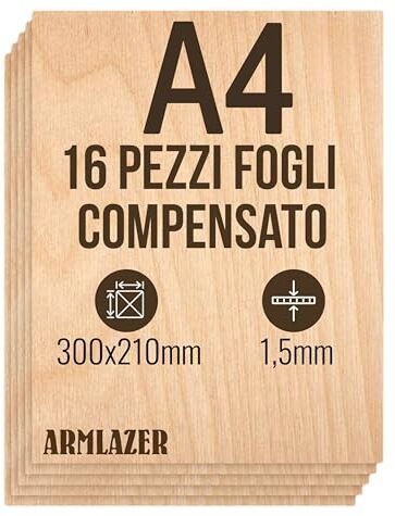 ARMLAZER COMPENSATO A4 300 x 210 х 1,5mm, 16 Pezzi, Pannelli di Legno, Pirografia, Tavola Modello Casa, Fai Da Te Fatto a Mano, Fogli Legno per Taglio