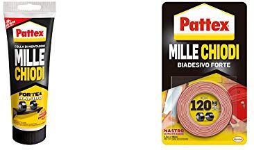 Pattex Millechiodi Forte & Rapido, Adesivo Di Montaggio Extra Forte Che Sostituisce Viti E Fori Al Muro & Millechiodi Tape, Nastro Biadesivo Extra Forte Per Applicazioni Permanenti, Nastro Adesivo