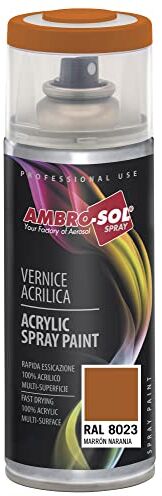 Ambro-Sol Smalto Acrilico Multiuso, Vernice Brillante per Interni ed Esterni, Adatto per Qualsiasi Tipo di Materiale, Bomboletta Spray in Banda Stagnata Riciclabile 400 ml, Marrone Arancio