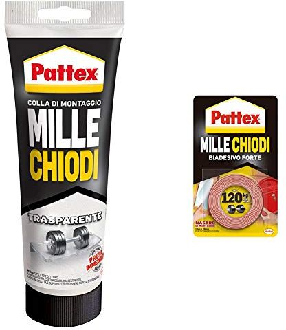 Pattex Millechiodi Trasparente, Adesivo Di Montaggio A Base Acqua Con Presa Immediata, Adesivo Trasparente & Millechiodi Tape, Nastro Biadesivo Extra Forte Per Applicazioni Permanenti