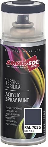 Ambro-Sol Smalto Acrilico Multiuso, Vernice Brillante per Interni ed Esterni, Adatto per Qualsiasi Tipo di Materiale, Bomboletta Spray in Banda Stagnata Riciclabile 400 ml, Grigio Perla