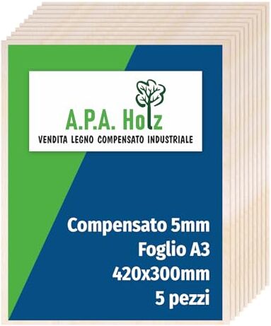 Generico APA Holz Compensato di Betulla  mm, Foglio A3, Pannelli Multistrati di Betulla, Compensato Legno Qualità Professionale B/BB, Bricolage, Pirografia, Traforo, Legno da Decorare 420x300 mm Pezzi