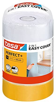 Tesa Easy Cover Perfect+ Ricarica M, Ricarica 2in1 con pellicola e nastro adesivo in carta Washi, Per mascherare e coprire durante i lavori di pittura, 33 m x 55 cm