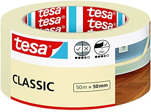 Tesa Nastro per Mascherature CLASSIC, Nastro adesivo per lavori di pittura, Senza solventi, rimovibile senza lasciare residui, 50 m x 50 mm