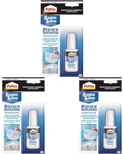 Pattex Bagno Sano Ripara Smalto, Smalto acrilico a base acqua per ritocchi di scheggiature con effetto vernice, Smalto per piastrelle con potere riempitivo e pennellino, 1x50ml (Confezione da 3)