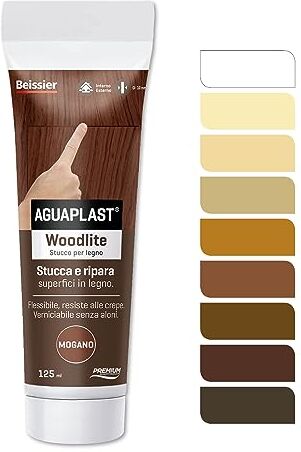 AGUAPLAST Woodlite stucco per legno colorato. Fibrato, resiste alle dilatazioni fino al 20%. Ideale per buchi e crepe in mano unica senza ritiro. Mogano