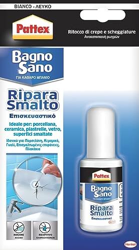 Pattex Bagno Sano Ripara Smalto, Smalto acrilico a base acqua per ritocchi di scheggiature con effetto vernice, Smalto per piastrelle con potere riempitivo e pennellino, 1x50ml