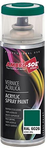 Ambro-Sol Smalto Acrilico Multiuso, Vernice Brillante per Interni ed Esterni, Adatto per Qualsiasi Tipo di Materiale, Bomboletta Spray in Banda Stagnata Riciclabile 400 ml, Verde Opale