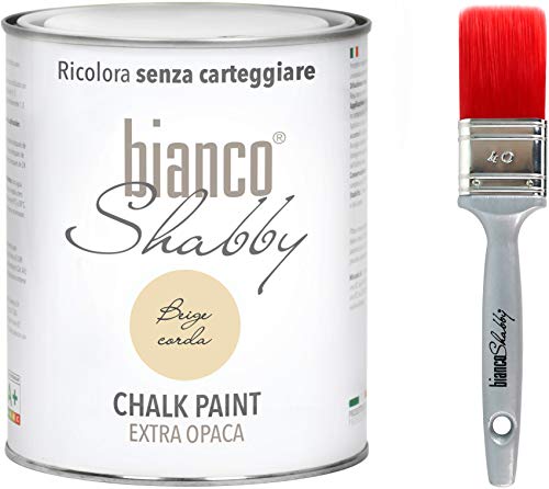 bianco Shabby CHALK PAINT Beige Corda & PENNELLO Pittura Shabby Chic Vintage EXTRA OPACA (1 Litro) + Pennello Professionale (40 mm)