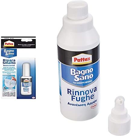 Pattex Bagno Sano Ripara Smalto, Smalto acrilico a base acqua per ritocchi di scheggiature con effetto vernice & Bagno Sano Rinnova Fughe, Silicone bianco per rinnovare le fughe tra le piastrelle