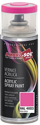 Ambro-Sol Smalto Acrilico Multiuso, Vernice Brillante per Interni ed Esterni, Adatto per Qualsiasi Tipo di Materiale, Bomboletta Spray in Banda Stagnata Riciclabile 400 ml, Rosso Erica