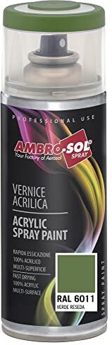 Ambro-Sol Smalto Acrilico Multiuso, Vernice Brillante per Interni ed Esterni, Adatto per Qualsiasi Tipo di Materiale, Bomboletta Spray in Banda Stagnata Riciclabile 400 ml, Verde Reseda