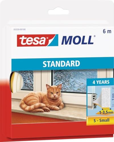 Tesa moll Standard I-Profil, Guarnizione Adesiva in Schiuma per l'Isolamento Termico di Finestre e Porte, Bianco, 6 m x 9 mm x 4 mm