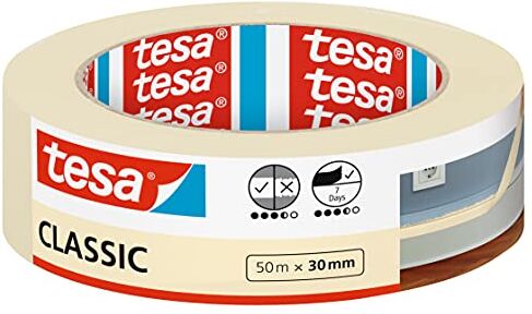 Tesa Nastro per Mascherature CLASSIC, Nastro adesivo per lavori di pittura, Senza solventi, rimovibile senza lasciare residui, 50 m x 30 mm