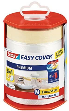 Tesa Easy Cover Film Premium Telo Protettivo per Pittura 2 in 1 con Biadesivo in Carta Ricaricabile con Dispenser 33 m x 50 cm