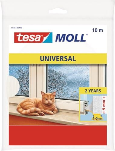 Tesa moll Standard I-Profil, Guarnizione Adesiva in Schiuma per l'Isolamento Termico di Finestre e Porte, Bianco, 10 m x 9 mm x 4 mm