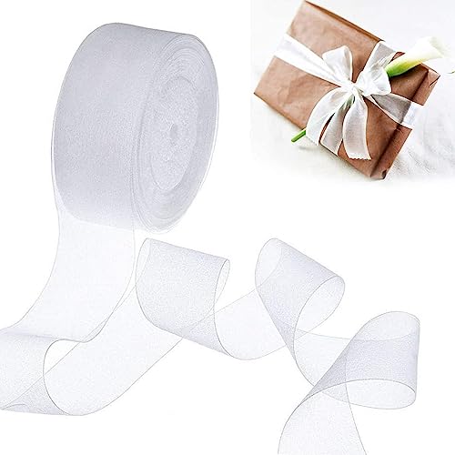 FLAVNTEL Nastro Organza Bianco Nastro di Chiffon 4cm*45m Rasparente Nastro di Organza per Confezioni Regalo Matrimonio e Fatto a Mano per Decorazioni Nuziali, Nastro di San Valentino per Regali