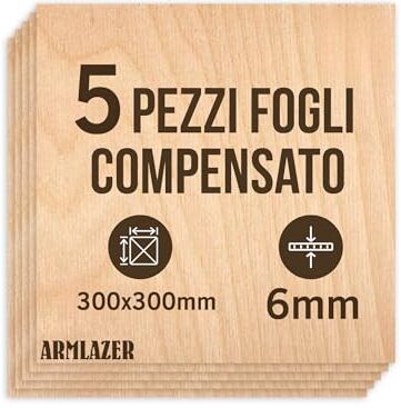 ARMLAZER COMPENSATO 300 x 300 х 6mm, 5 Pezzi, Pannelli di Legno, Pirografia, Tavola Modello Casa, Fai Da Te Fatto a Mano, Fogli Spessi di Compensato per il Taglio Laser