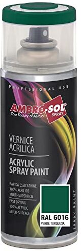 Ambro-Sol Smalto Acrilico Multiuso, Vernice Brillante per Interni ed Esterni, Adatto per Qualsiasi Tipo di Materiale, Bomboletta Spray in Banda Stagnata Riciclabile 400 ml, Verde Turchese