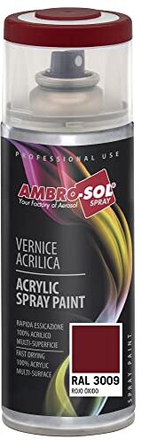 Ambro-Sol Smalto Acrilico Multiuso, Vernice Brillante per Interni ed Esterni, Adatto per Qualsiasi Tipo di Materiale, Bomboletta Spray in Banda Stagnata Riciclabile 400 ml, Rosso Ossido