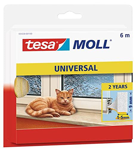 Tesa moll Universal Guarnizione Adesiva in Schiuma per l'Isolamento Termico di Finestre e Porte Bianco, 6 m x 9 mm x 4 mm