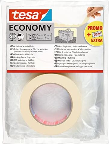 Tesa Nastro per Mascheratura ECONOMY EcoLogo, Nastro in Carta per Mascheratura, Rimozione senza Residui per 4 Giorni, senza Solventi, Sottile, 2x 50m x 30mm + pellicola di copertina