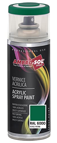 Ambro-Sol Smalto Acrilico Multiuso, Vernice Brillante per Interni ed Esterni, Adatto per Qualsiasi Tipo di Materiale, Bomboletta Spray in Banda Stagnata Riciclabile 400 ml, Verde Patina