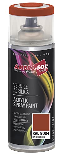 Ambro-Sol Smalto Acrilico Multiuso, Vernice Brillante per Interni ed Esterni, Adatto per Qualsiasi Tipo di Materiale, Bomboletta Spray in Banda Stagnata Riciclabile 400 ml, Marrone Rame