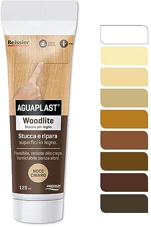 AGUAPLAST Woodlite stucco per legno colorato. Fibrato, resiste alle dilatazioni fino al 20%. Ideale per buchi e crepe in mano unica senza ritiro. Noce chiaro