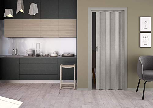 Forte Porta a Soffietto Elly in PVC, Resistente agli urti, Riducibile, Kit completo di serratura, L83 x H214 cm, Effetto tessuto grigio