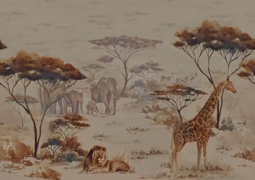 Rasch Wallpaper  Carta da parati fotografica in tessuto non tessuto con motivo safari in marrone con giraffe, elefanti e leoni