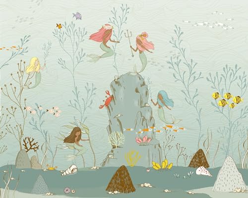 Komar Carta da parati fotografica in tessuto non tessuto, motivo: Mermaids, dimensioni: 350 x 280 cm (larghezza x altezza), sirena, sott'acqua, cameretta dei bambini,