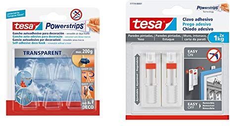 Tesa Powerstrips Deco 5 Ganci Trasparenti + 8 Strisce Biadesive Rimovibili & Chiodo Adesivo Regolabile da 1kg per Carta da Parati ed Intonaco, Bianco, Set di 2 Pezzi