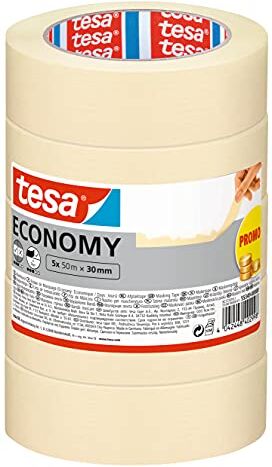 Tesa Nastro per Mascheratura ECONOMY EcoLogo, Nastro in Carta per Mascheratura, Rimozione senza Residui per 4 Giorni, senza Solventi, Sottile, 5x 50 m x 30 mm