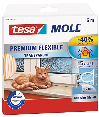 Tesa moll Premium Flexible, Nastro Sigillante per l'Isolamento di Porte e Finestre, Trasparente, 6 m x 9 mm x 7 mm