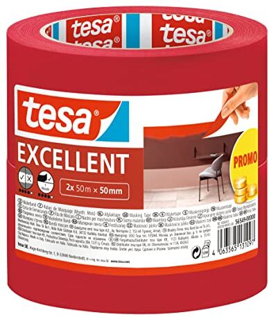 Tesa Nastro per Mascherature Excellent Nastro adesivo da pittura in carta sottile per lavori di verniciatura Per tutte le tinte, vernici e smalti Uso interno 2x 50 m x 50 mm