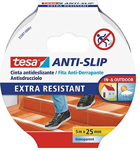 Tesa Nastro Antiscivolo Trasparente, Nastro adesivo antiscivolo per l'uso interno ed esterno, Per scale, rampe, pavimenti lisci o bagnati e barche, 5 m x 25 mm