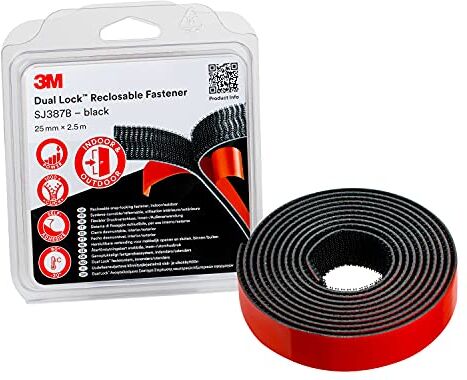 3M Sistema Di Fissaggio Richiudibile Dual Lock Sj387B Ottima Adesione Su Vernici A Polvere, Metalli, Vetro, Legno, Acrilico, Policarbonato, Abs 25Mm X 2.5M, 6.1Mm, Nero (1 Pezzo)