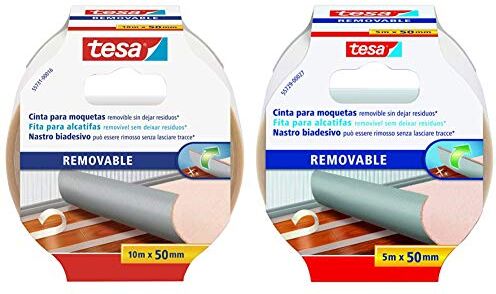 Tesa 55731 Rimozione Senza Residui Biadesivo per Moquette, Pavimenti in PVC-Nastro per Fissaggio Rinforzato in Tessuto, 10 m x & 55729-00021-00 Biadesivo Removibile per Moquette e Pavimenti in PVC