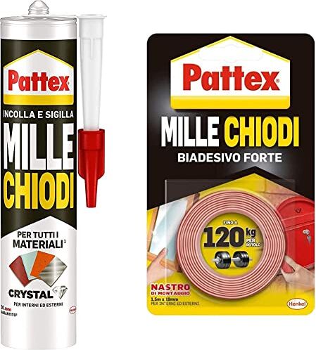 Pattex Mille Chiodi Crystal Adesivo Sigillante Ottimale per Vetri e Specchi, Adesivo di Montaggio di Qualità, Colla Potente per Molti Materiali & Millechiodi Tape, nastro biadesivo extra forte