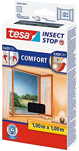 Tesa Insect Stop Hook & Loop Comfort Zanzariera per Finestre, Con nastro adesivo a strappo, Rimovibile senza lasciar tracce, Lavabile e riutilizzabile, Antracite, 100 cm x 100 cm