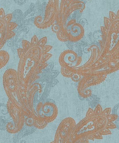 Rasch Carta da parati in tessuto non tessuto blu bronzo metallizzato Paisley ornamento floreale