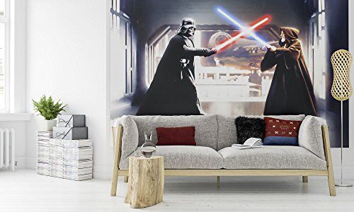 Komar Carta da parati fotografica in tessuto non tessuto, motivo: Star Wars Vader vs. Kenobi, dimensioni 300 x 200 cm (larghezza x altezza), 3 pannelli, con colletto, multicolore