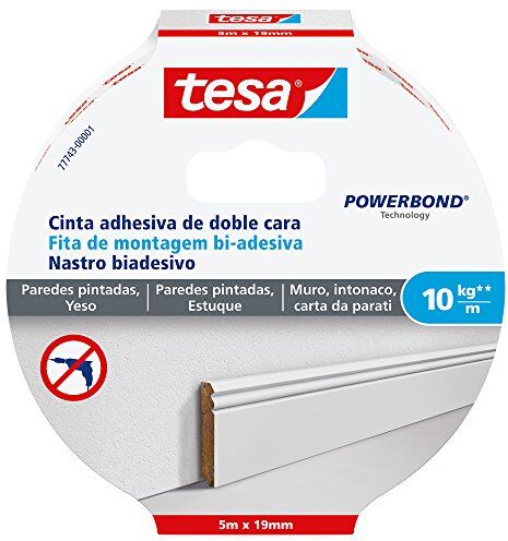 Tesa Nastro Biadesivo per Intonaco e Carta da Parati, Per il Fissaggio su Superfici Ruvide e Sensibili, Tenuta fino a 10 kg per 1 m di Nastro, 5 m x 19 mm