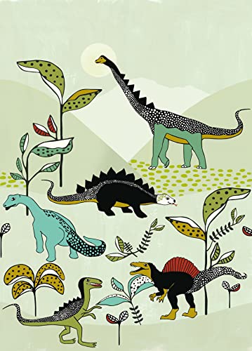 Rasch Carta da parati  – Carta da parati colorata per bambini con dinosauri su sfondo verde – Onszelf Stories – 280 cm x 200 cm (lunghezza x larghezza)