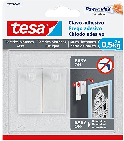 Tesa Chiodo Adesivo per Intonaco e Carta da Parati, Gancio biadesivo per quadri e oggetti decorativi, Rimovibile e Riutilizzabile, Confezione da 2 pezzi, Tenuta fino a 0,5 kg