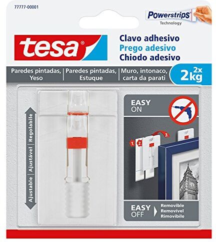 Tesa Chiodo Adesivo Regolabile per Carta da Parati Ed Intonaco 2 kg Gancio Adesivo Regolabile in Altezza fino a 2 kg Confezione da 2 Ganci + 6 Strisce Adesive