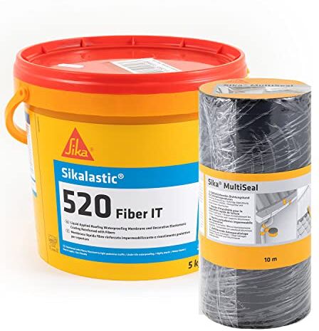 SIKA Kit terrazzo membrana liquida lastic 520 Fiber IT, Bianco Membrana liquida impermeabilizzante 5 kg +  Multiseal, Grigio-Verde Nastro sigillante bituminoso tagliabile 300mm X 10m