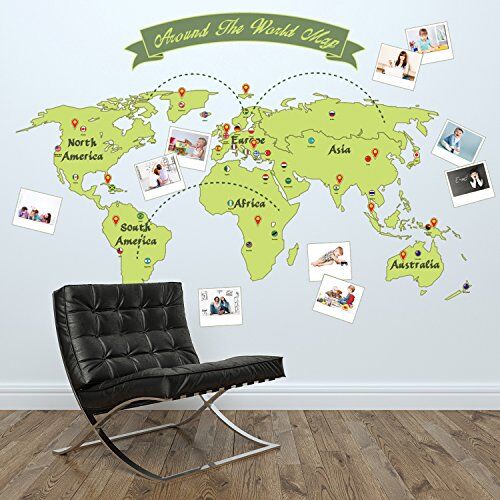 WALPLUS Wallplus Adesivi da Parete con Mappa del Mondo, PVC, Verde, 165 x 115 cm